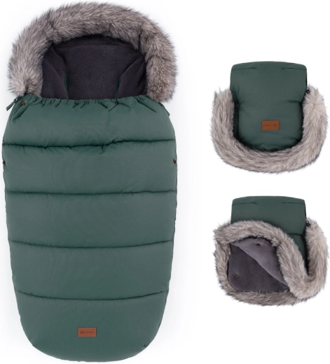 Petite&Mars set de saco de invierno Comfy 4 en 1 y manoplas para carrito Furry veritable khaki