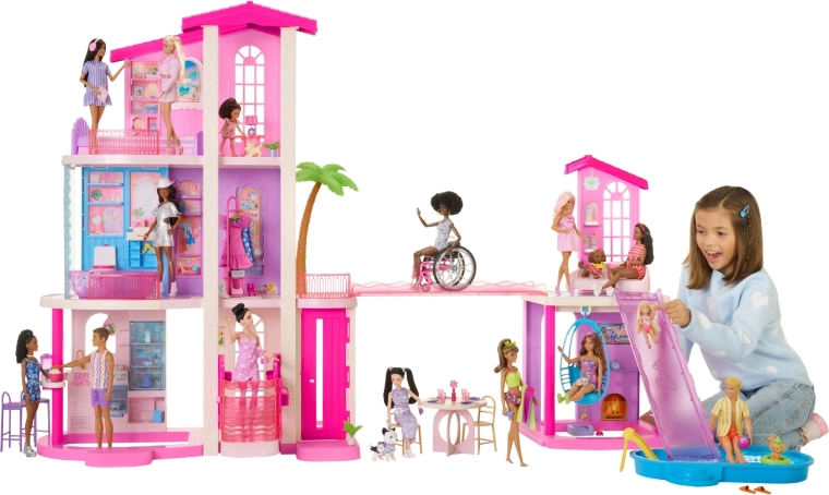 Mattel Barbie Dreamhouse casa de ensueño para muñecas con 2 piscinas, ascensor y más de 65 accesorios