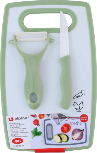 Set de cocina ALPINA: tabla de cortar, cuchillo y pelador