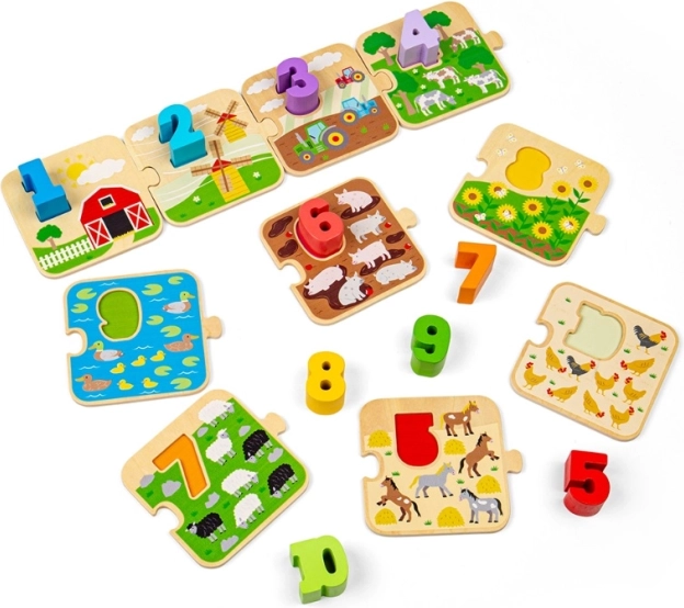BIGJIGS TOYS rompecabezas de madera con imágenes y números 1–10 (vida en la granja)