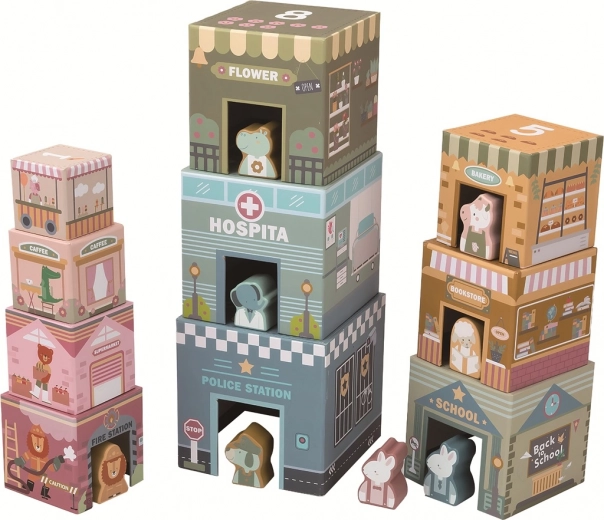 Torre apilable de bloques City – construcción de madera para niños