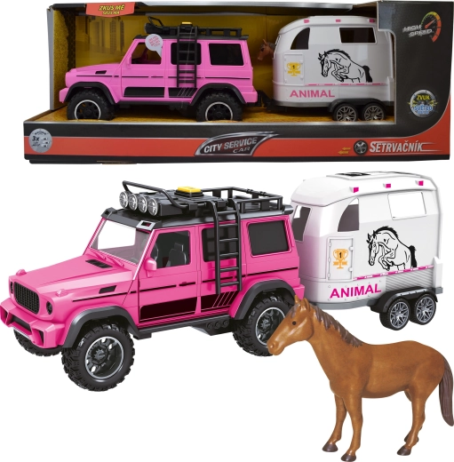 Coche todoterreno rosa con remolque y caballo 1:14 con luces y sonidos