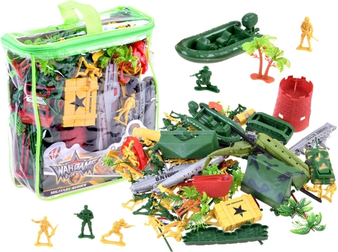 Gran set de soldaditos de plástico con tanque y helicóptero en funda con cremallera
