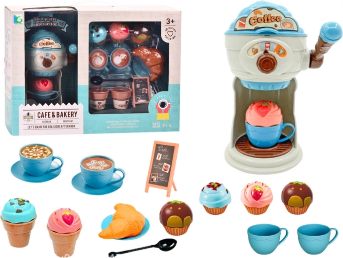 Dulces delicias: cafetería de café con máquina para hacer helados, tazas y muffins
