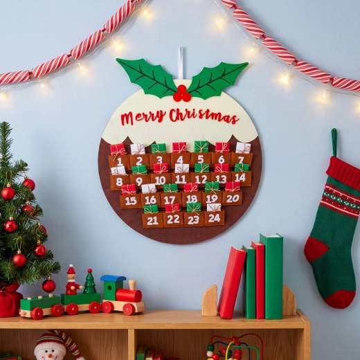 Calendario de Adviento colgante de fieltro con forma de bola de Navidad