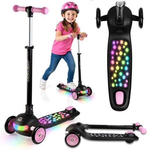 Patinete infantil de equilibrio de tres ruedas con iluminación LED Ricokids Glowi – negro‑rosa