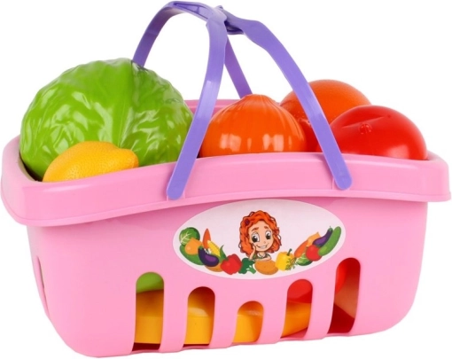 Cesta de la compra con set de alimentos – frutas y verduras, naranja