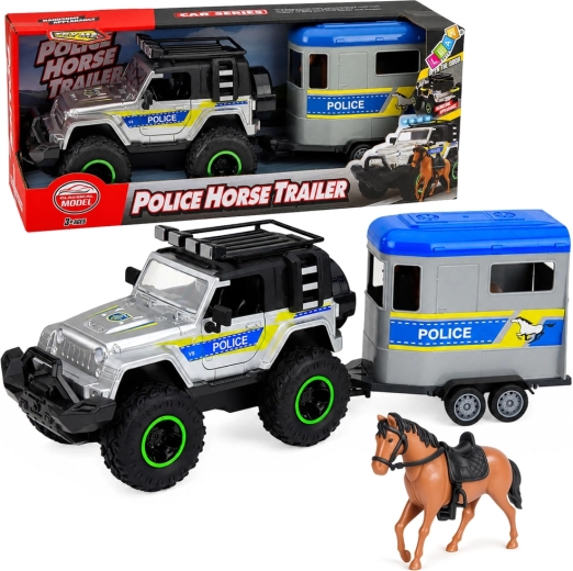Todoterreno policial con remolque para caballos, luces y sonidos
