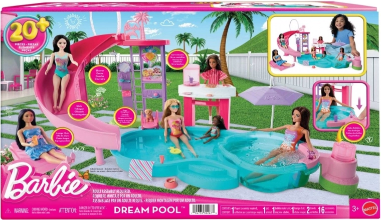 Barbie Piscina de los Sueños – set de juego con tobogán, jacuzzi y snack bar