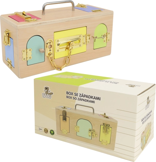 Caja educativa de madera con sistema de pestillos BABU