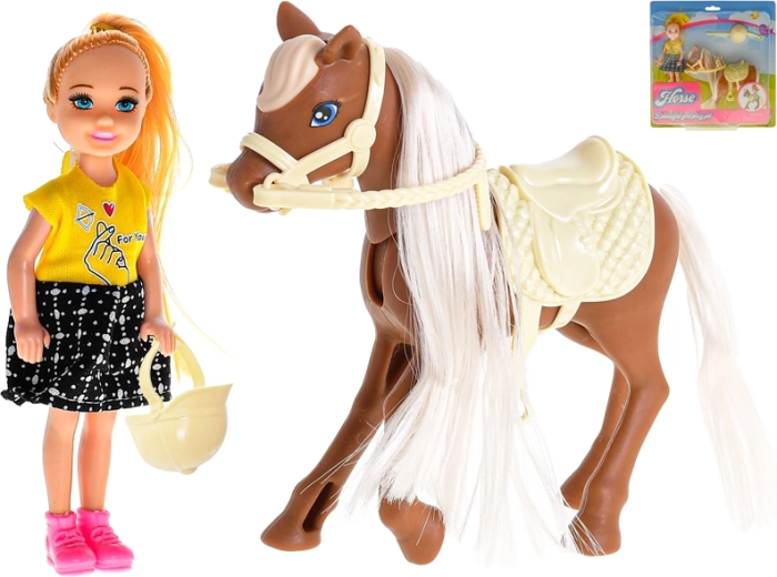 Muñeca con caballo y equipamiento de equitación 13 cm
