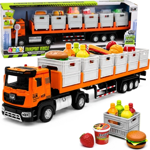 Camión de transporte con remolque y alimentos a pilas 1:40 naranja