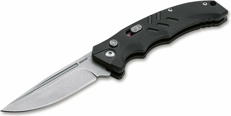 Böker Plus Intention II Black cuchillo táctico automático negro de 8 cm con acabado stonewash y mango G10