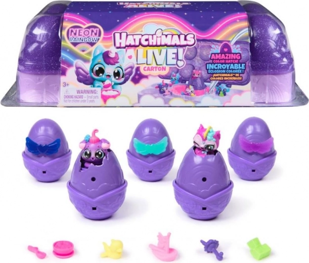Hatchimals cartón Arcoíris neón – eclosión neón con 5 huevitos y figuras