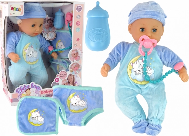 Muñeca bebé con sonidos y pijama azul con gatita