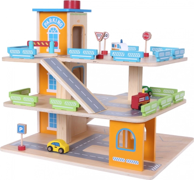 Garaje de madera con ascensor y cochecitos