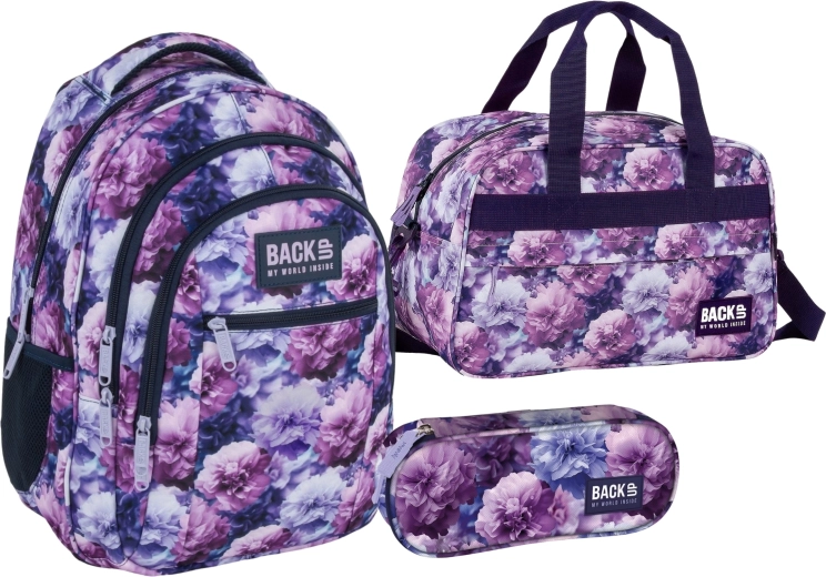 BackUP Violet Bloom set 3 en 1 con descuento: mochila escolar, estuche y bolsa deportiva