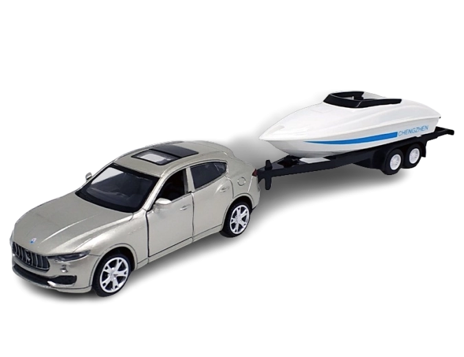Modelo metálico Maserati Levante SUV con remolque para lancha 1:43