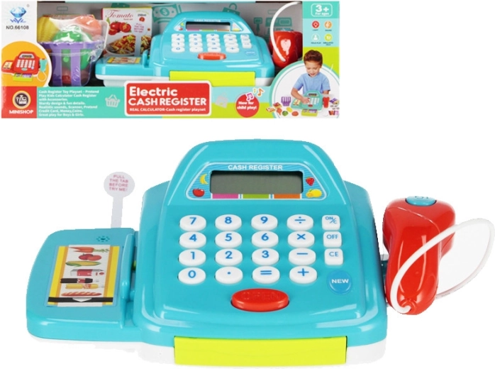Caja registradora infantil eléctrica azul con accesorios