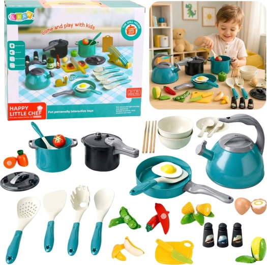 Juego de cocina infantil para pequeños chefs con ollas y tetera, 33 piezas