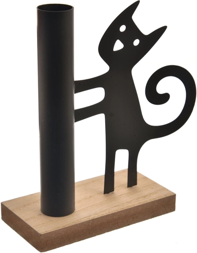 Candelero de madera y metal con motivo de gato
