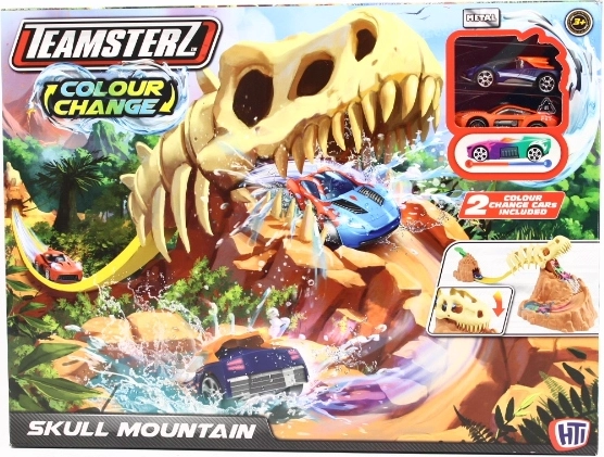 Pista de coches Teamsterz con boca de dinosaurio y cambio de color