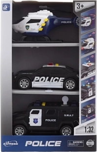 Set de coches de policía y helicóptero con sonido y luz a pilas