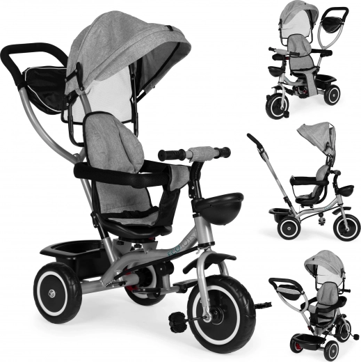 Triciclo infantil tipo cochecito 2 en 1, asiento giratorio y capota plegable, gris ECOTOYS