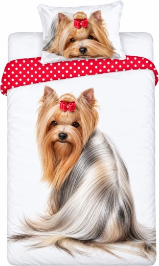 Ropa de cama de algodón Yorkshire Terrier roja y blanca 140 × 200 cm