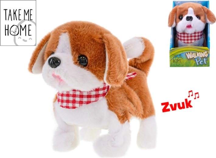 Perrito de peluche que camina y ladra 17 cm, blanco‑marrón