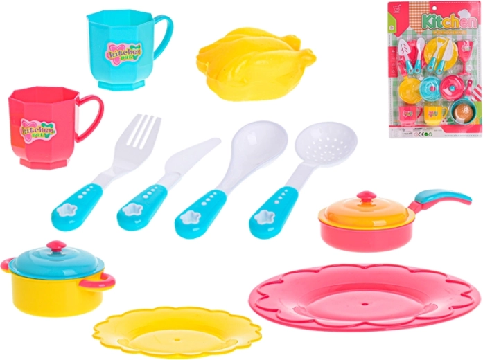 Set de cocina infantil de 14 piezas: olla, sartén, vajilla y cubiertos