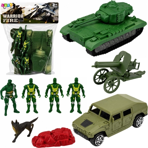 Set militar con tanque, jeep, cañón y soldaditos, 13 piezas