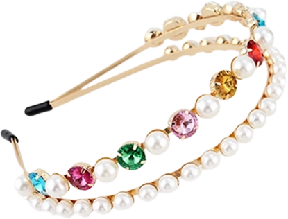 Diadema doble rosa con gemas y perlas