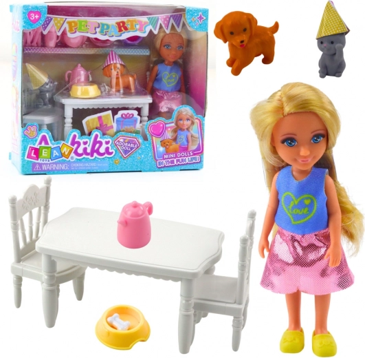 Set de cumpleaños con muñeca, perrito y gatito: mesa y accesorios para la celebración