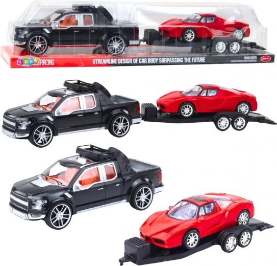Set de vehículo todoterreno negro con remolque desmontable y coche deportivo rojo 59 cm