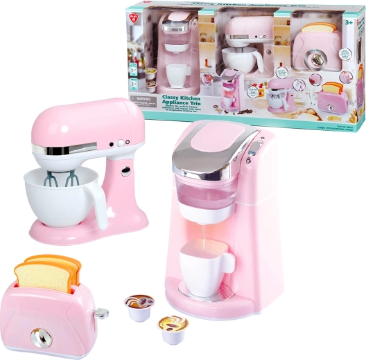 Playgo: tres electrodomésticos de cocina con estilo en rosa (cafetera, batidora, tostadora)