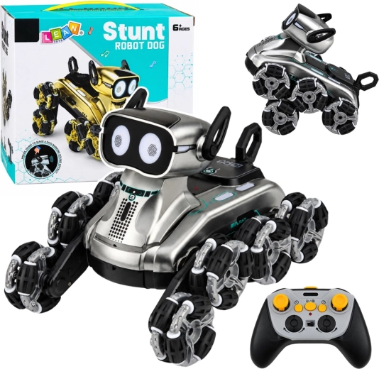 Perro robótico RC con control remoto con 8 ruedas, modo demo, luces y sonidos, plateado - 1 unidad