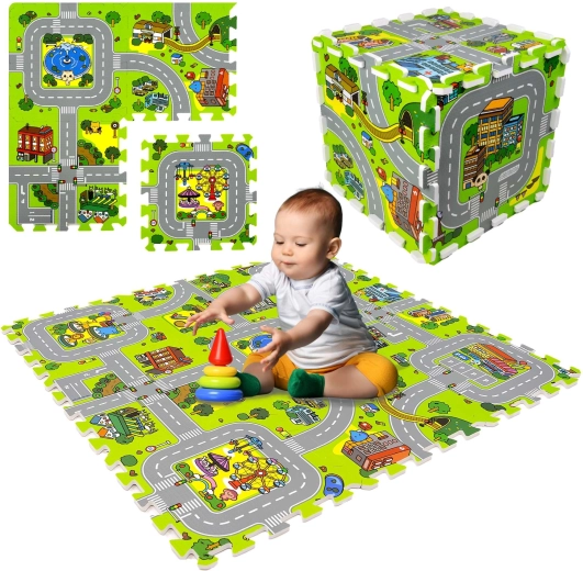 Alfombra de espuma para niños 90 × 90 cm – ciudad y carreteras, 9 piezas