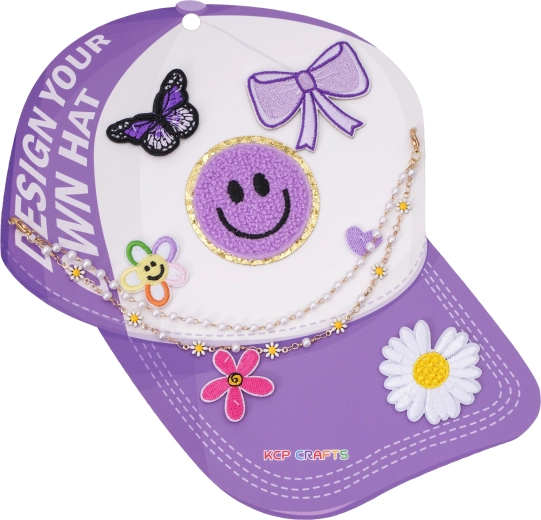 Accesorios decorativos para gorra con visera: carita sonriente morada y flores con cadena de perlas