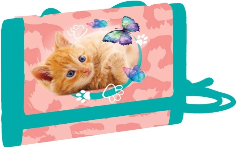 Cartera infantil textil con gato para colgar al cuello con cierre de velcro