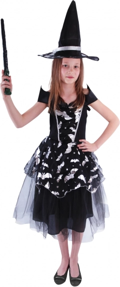Disfraz infantil de bruja con motivos de murciélagos
