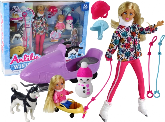 Muñeca ANLILY deportes de invierno con husky y scooter de nieve