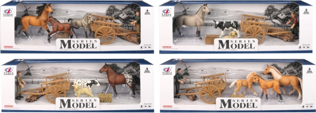 Set mundo de animales con figura, carretilla y caballos