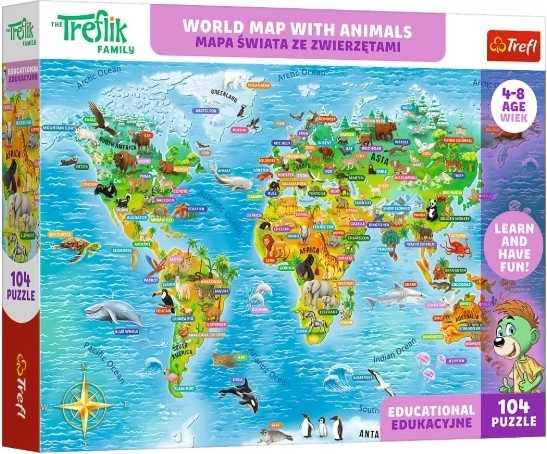 Puzzle educativo infantil Mapa del mundo con animales (104 piezas)