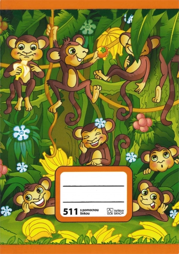 Cuaderno escolar A5 con monitos, rayado, 10 hojas, 20 mm, 2 líneas auxiliares