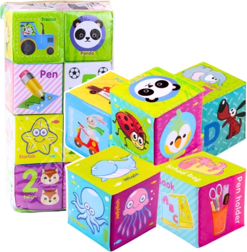 Cubos educativos de colores con imágenes y letras