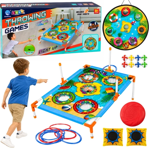 Juego de destreza 4 en 1 para lanzar a un objetivo: diana, tablero de puntuación, aros, saquitos y frisbee