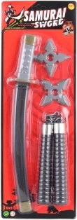 Set infantil de armas ninja samurái – Espada + 2 estrellas arrojadizas + nunchakus