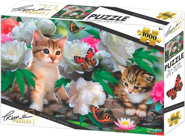 Puzzle de gatitos entre peonías de 1000 piezas