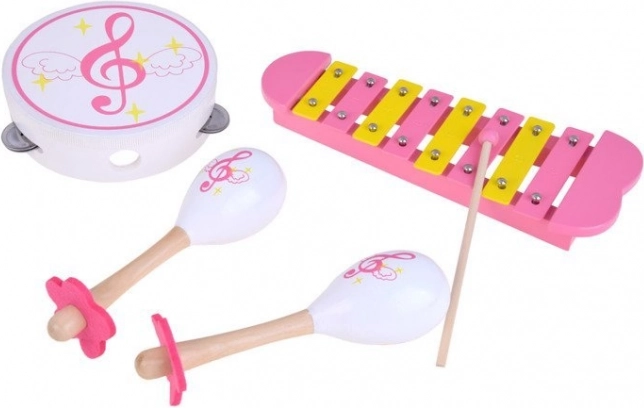 Set de instrumentos musicales de madera para niños: xilófono, pandereta y maracas